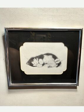 Vintage Virginia Miller graphic pencil drawing kitten sleeping framed 8X10